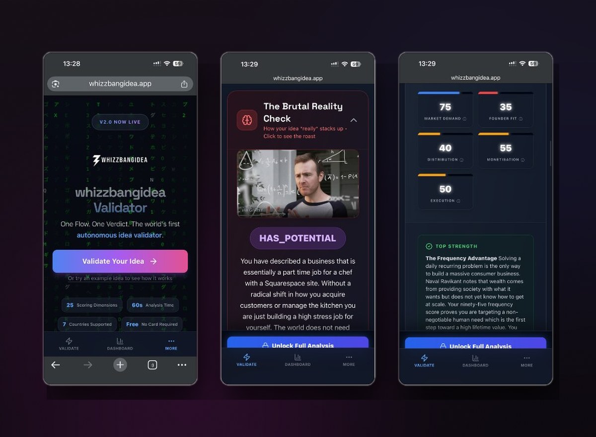 WhizzBangIdea product screens